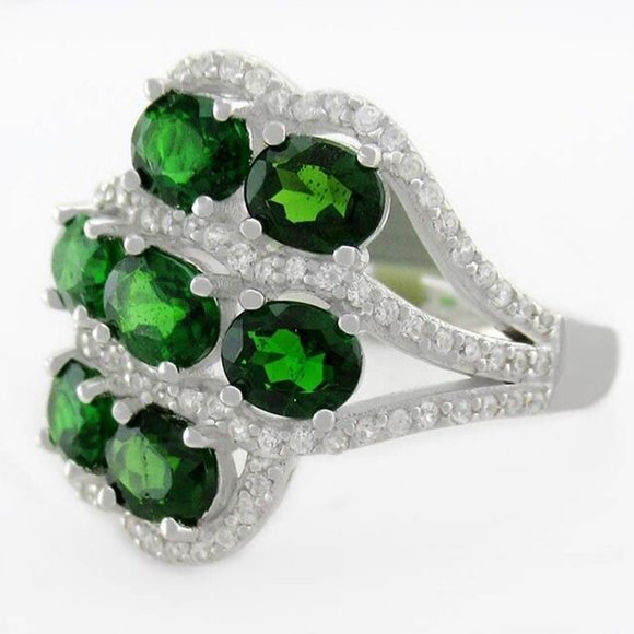 Genuine 1.47 Cts Tsavorite & White Sapphires Ring .925 Silver - Picture 2 of 4